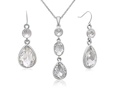 Regal Three Stone Crystal Diamond Necklace w/ Earrings