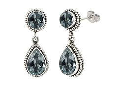 SS Balinese Round & Pear Shape Blue Topaz Gemstone Dangle Earrings