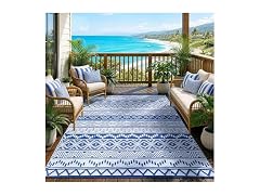 STRICKLANDHOME Outdoor Rug, Navy & White
