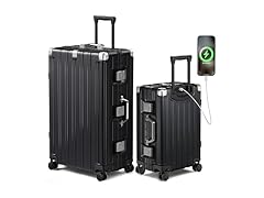 Krute Luggage Sets 2 Pieces Aluminum Frame Suitcase With Spinner Wheels 20 28 Inch Hardside No Zipper PC Luggages with USB Charger (Open Box)