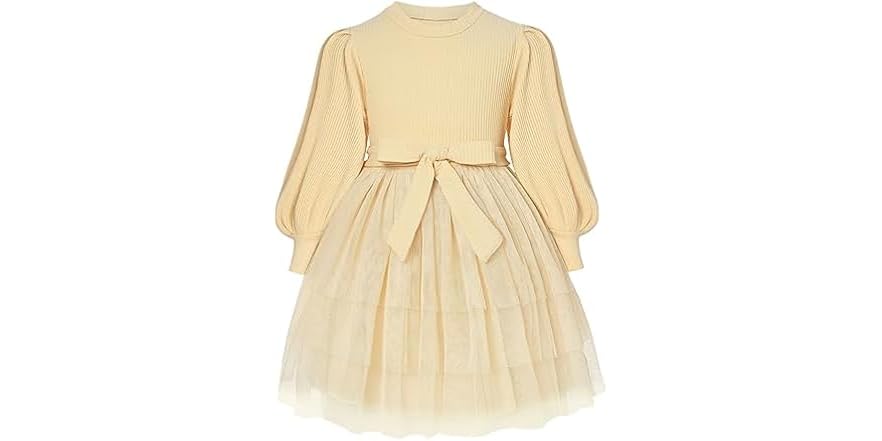 Wavlynn Long Asymmetrical Gold Tulle Dress For Girls With Puff Sleeves And Round Neckline main image 1