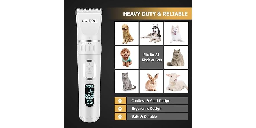 HOLDOG Professional Heavy Duty Dog Clippers - 3-Speed, Low Noise, High Power (Model B8)