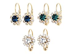 Sapphire, Green & Clear Crystal Flower Set of 3 Huggie Earrings