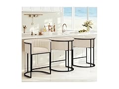 Mearounliving 26" H Counter Height Bar Stools Set of 3, Modern Barrel Counter Stools with Backrest and Arms, Linen Fabric Upholstered Accent Barstools for Kitchen Island, Black Metal Frame/Sand Linen (Open Box)