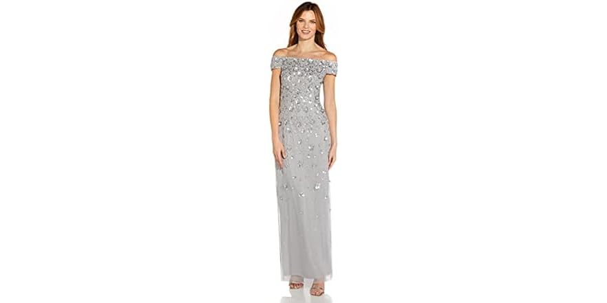 Adrianna Papell Womens Beaded Off The Shoulder Mesh Cocktail Dress White Size 4 main image 1