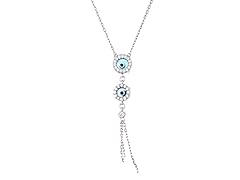 18K White Gold CZ Blue & White Evile Eye Tassle Necklace