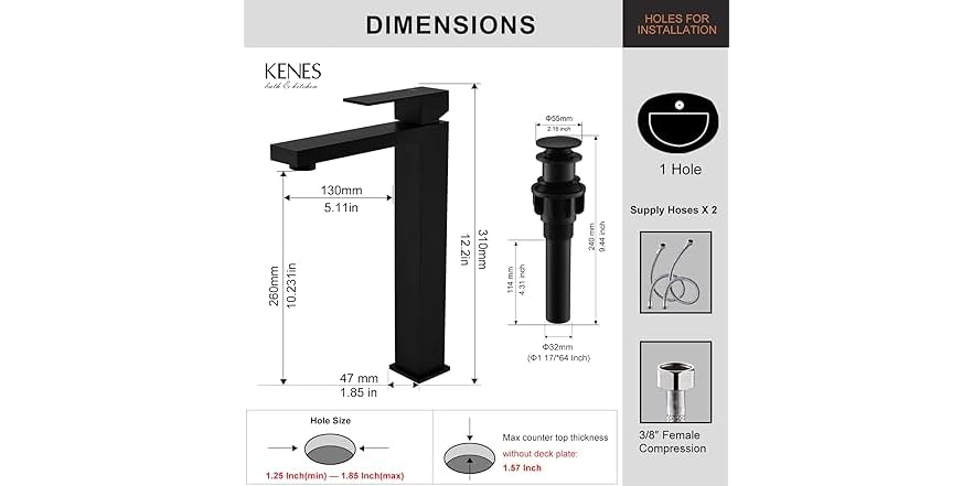 KENES KENES Matte Black Bathroom Faucet Sing