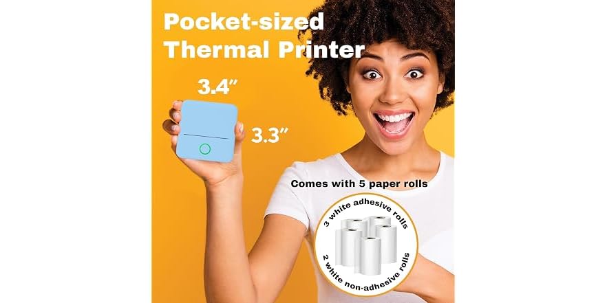 Core Innovations Mini Portable Thermal Printer with 5 Rolls, Inkless, Blue