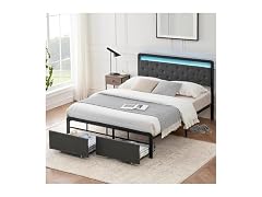 GAOMON Queen Bed w/ Drawers, LED, Grey