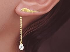 Gold Wings Ear Pin Earrings CZ Dangle