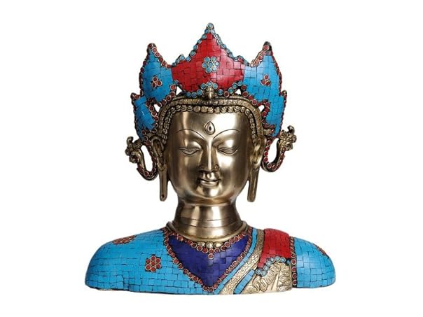 Crown Buddha Bust - Brass Statue with...