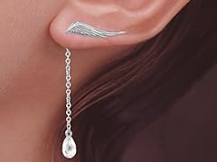 Silver Wings Ear Pin Earrings CZ Dangle