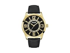 Guess Men's 47mm Watch - Black Leather Gold Tone