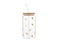 Glass Travel Tumbler Cup with Bamboo Lid and Glass Straw, 16 Fluid Ounces, Hearts