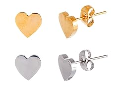 18K Gold Plated and Stainless Steel Two Piece Heart Stud Earring Set