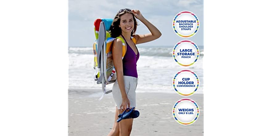 Silla De Playa Plegable Rio Con Cordones - 4 Posiciones, Mochila Incorporada Y Portavasos