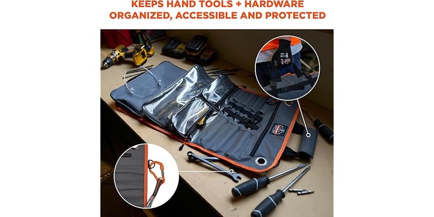 Ergodyne Arsenal 5870 Tool Roll-Up Pouch – 25 Pockets, Heavy-Duty 1680D Polyester – Gray, Tall – Fits Sockets & Hand Tools