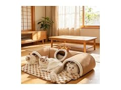 GoofyPet Cute Tunnel Cat Bed with Plush Mat, Cozy Cave, Large