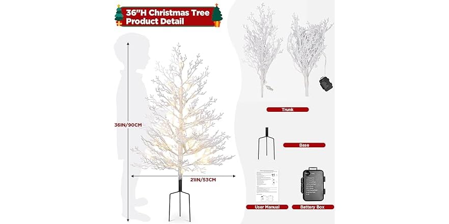 Brightever 3FT Small Christmas Tree with Lights, Pre-lit