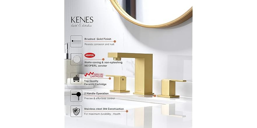 KENES Gold Widespread Bathroom Faucet