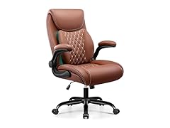 Office Chair, Ergonomic Desk Chair with Lumbar Support for Lower Back Pain Relief, Executive Leather Chair with Padded Flip-up Armrests and Wheels, Brown (Open Box)