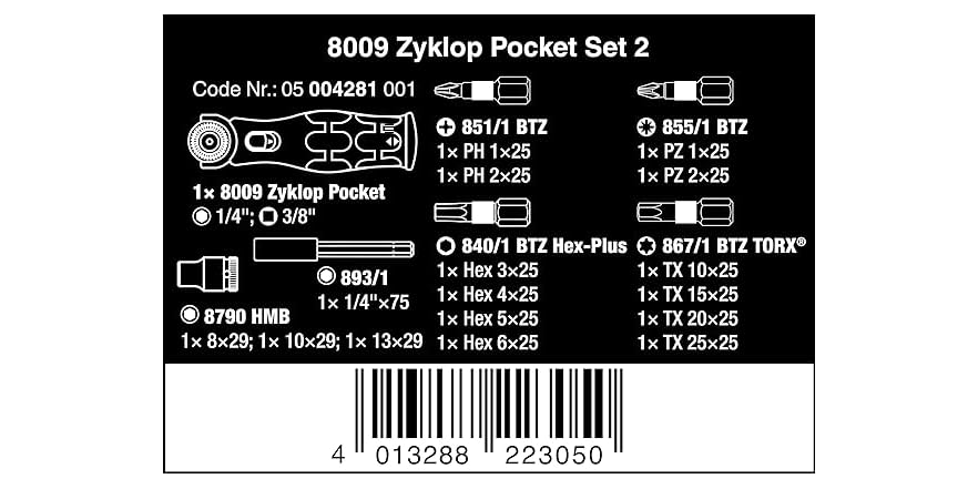 Wera 8009 Zyklop Pocket Set 2 | Geïntegreerd Bit-Magazijn