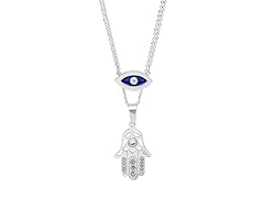 Ladies Stainless Steel Double Layer Evil Eye and Simulated Diamonds Hasma Necklace