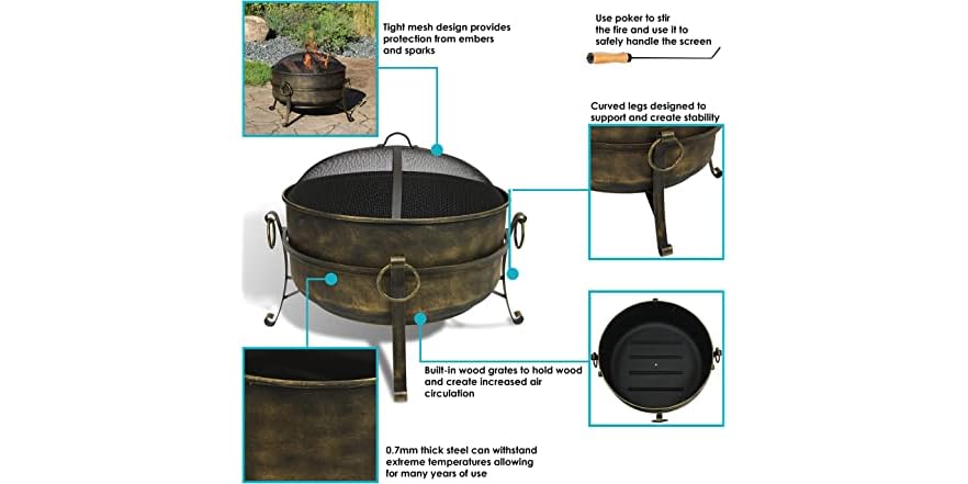 24 Inch Cauldron Steel Cauldron Fire Pit with Spark Screen 24 Inch