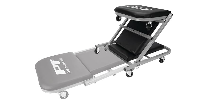 Performance Tool W85021 Folding C-Frame Creeper Rolling Work Seat with Tool Tray for Garages and Workshops, 12.5 in. Tall, Black/Red
