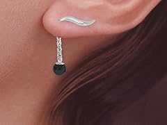 Silver Ear Pin Earrings Onyx Dangle
