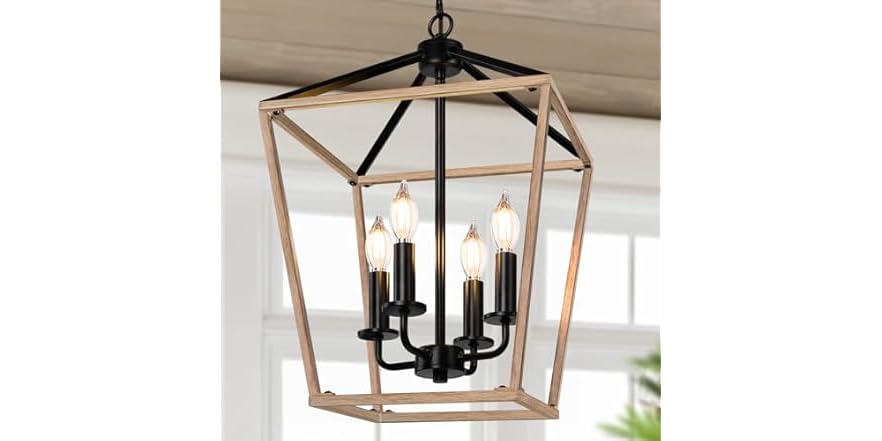 Farmhouse Chandelier 4-Light, Oak Wood Light Fixture