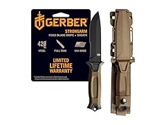 Gerber Gear StrongArm - Fixed-Blade Camping & Hunting Knife with Striking Pommel & Sheath - Premium Survival Gear - Made in USA - Coyote Brown, Serrated Edge (Open Box)