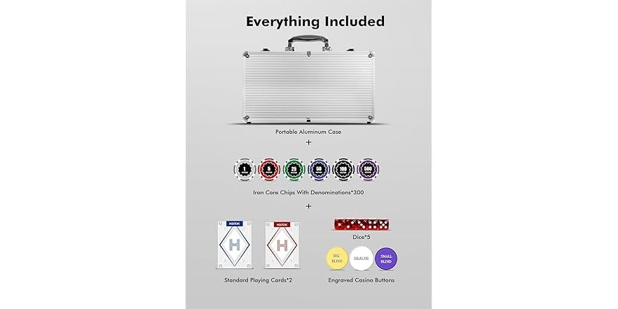 HEITOK Conjunto de fichas de pôquer numeradas de 300 peças – 11,5 g de fichas pesadas estilo cassino com denominações – Kit completo Texas Hold'em com caixa de alumínio, decks e dados