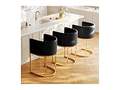 LVHOMLAX Modern Counter Height Bar Stools,Bar Stools Set of 3,PU Leather Upholstered Barrel Barstools with Backs,26'' Kitchen Island Chairs,Metal Gold Frames,Black Leather (Open Box)