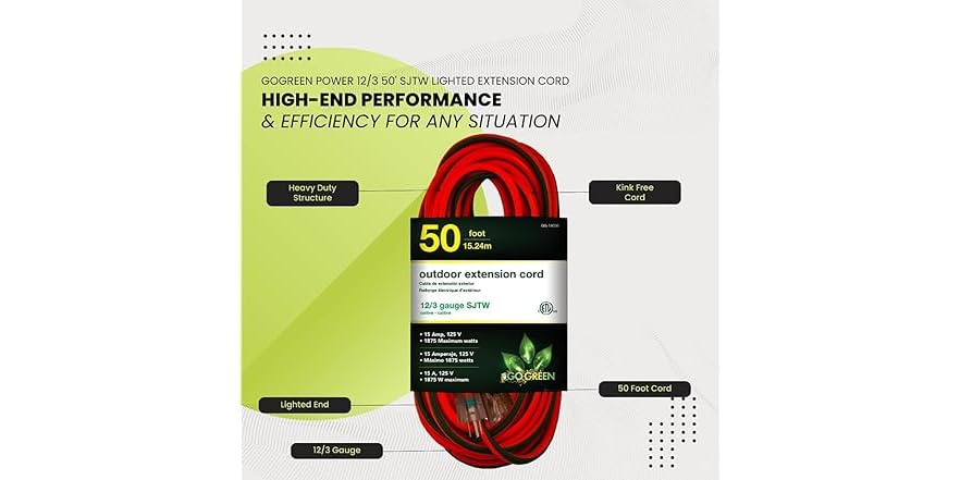 GoGreen Power 50-Foot Outdoor Extension Cord – 16/3 SJTW, Lighted End, Weather-Resistant For Garage, Shop & Yard