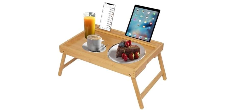 Artmeer Bamboo Bed Tray with Folding Legs & Phone/Tablet Slot - $11.99 Today