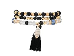 Stretch Beaded Bracelet Stack with Tassel & Shell Charm