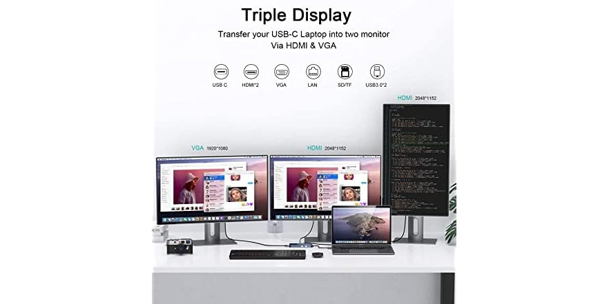 USB Docking Station GIQ USB C hub USB 3.0 to Dual HDMI VGA A (Open Box)