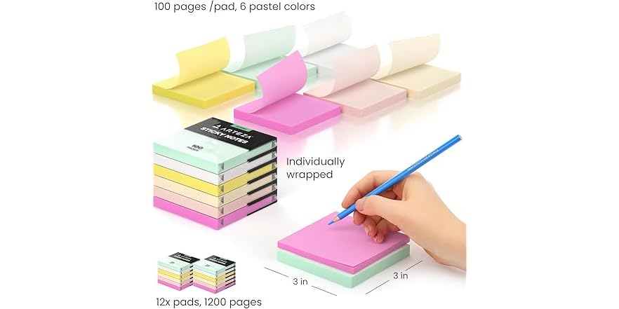 ARTEZA Sticky Notes, 3x3 Inches, 12 Pads