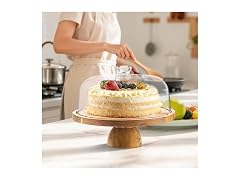 Takywep 2-in-1 Acacia Wood Cake Stand with Large Acrylic Dome 