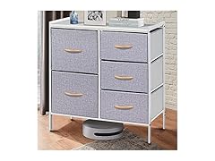 5-Drawer Tall Fabric Dresser Tower, Light Grey/White