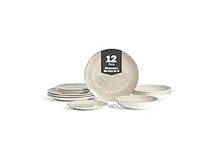 Christian Siriano Onyx 12-Piece Dinnerware Set Porcelain Beige and Gold
