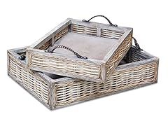 Vintage Rattan Wood Tray Set-2