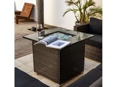 30" Brown Wicker Fire Table + Lid & Cover