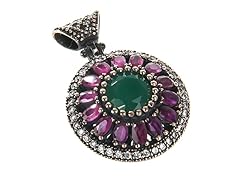 SS Flower Dyed Emerald & Ruby Genuine Semi-Precious Gemstone CZ Pendant