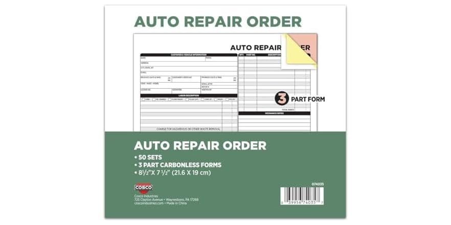 COSCO Auto Repair Order Forms, 50-Pack