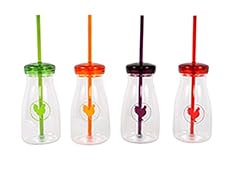 Plastic Milk Bottle and Straw Set - S/4