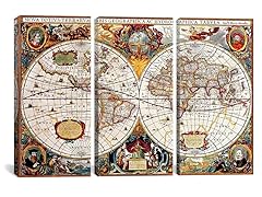 Antique Double Hemisphere World Map 3PC