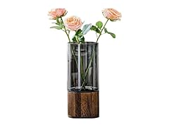Smoky Gray Glass Vase with Wooden Base