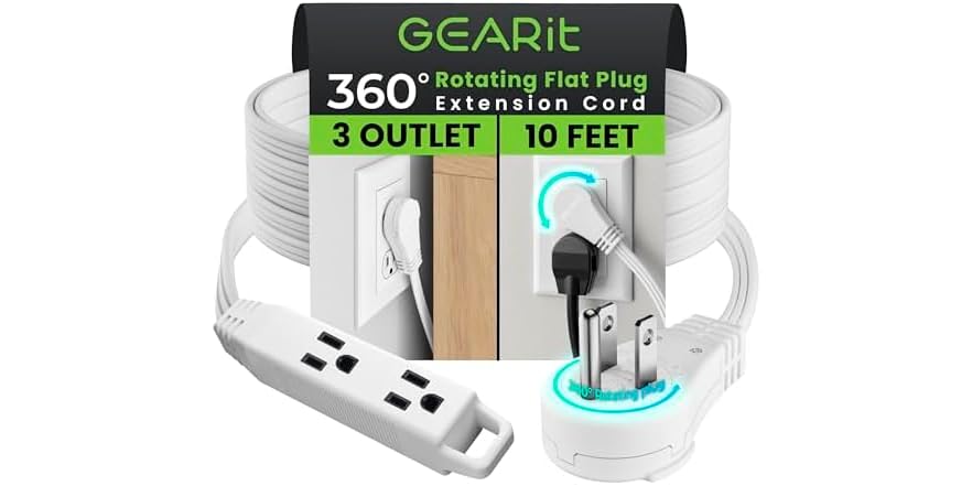GearIt 10-Foot 360° Rotating Flat Plug Extension Cord for $10 + free shipping w/ Prime
